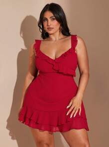 SHEIN BAE Plus Size Women's Romantic Sexy V-Neck Flounce Hem Mini Dress, Sweet Casual Everyday Wear, Beach Holiday Party Short Dress, Spring/Summer,Graduation Dress,Beach Outfits For Woman,4th Of July Outfits,Fourth Of July Outfit,Island Vacation Outfits,Honeymoon Outfits Woman,Summer Outfits For Women,Pool Party Outfit,Vacation Outfits Woman,Plus Size Women Clothes,Concert,Elegant Dress,Birthday Dresses For Women,Sun Dresses For Women