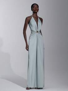SHEIN Belle Robe élégante, romantique, sexy, minimaliste, en satin vert menthe, dos nu, boucle métallique, taille ajustée, stylée, pour festival, vacances, fête d'anniversaire, mariage, demoiselle d'honneur - Bleu canard - Voir 4