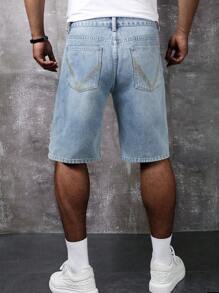 Manfinity Homme Men's Casual Solid Color Shorts, Fashionable For Summer Going Out Urban Hang Out Vacation College - Light Wash - View 2