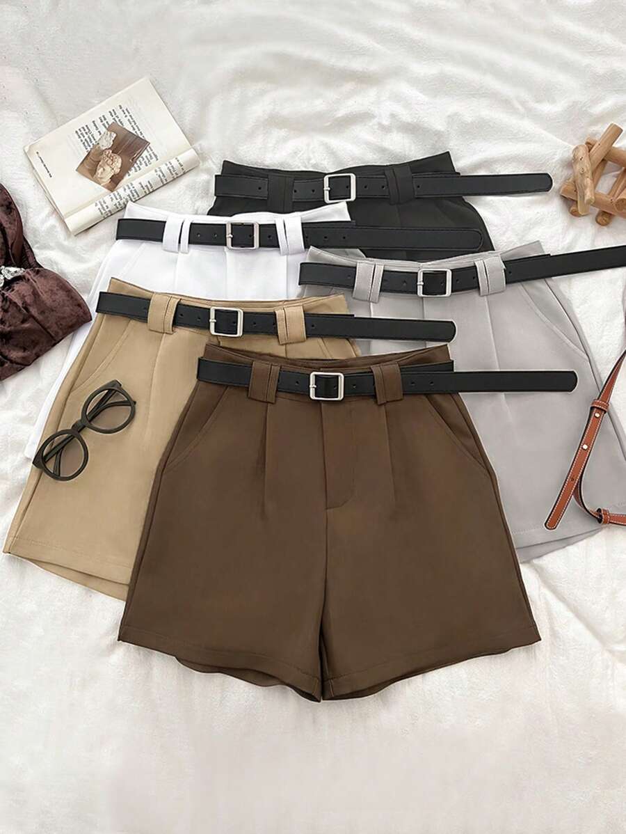 Set de 5 pantalones cortos casuales para mujer en negro, blanco, gris y caqui, para uso de oficina y negocios (sin cinturón incluido) - Multicolor - Ver 1