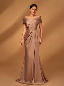 Serin Elegant Brown Satin Off-Shoulder Criss-Cross Ruffled Mini Fishtail Dress, Suitable For Evening Parties, Music Festivals, Vacations, Weddings, Bridal Mother Dresses - Champagne - View 7