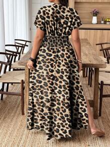 Weeklong Plus Size Shirred Leopard Print Short Sleeve Cinched Waist Bodycon Mini Dress - Multicolor - View 2