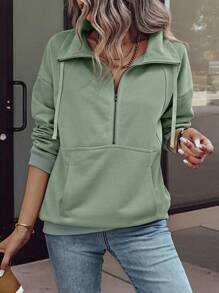 SHEIN LUNE Half-Zip Drawstring Drop Shoulder Sweatshirt,Ladies Late Fall Casual Pocket,Rib-Knit,Zipper Long Sleeve Collar Regular Fit Regular Mint Green Drop Shoulder Half Placket Women Hoodies,Long Sleeve Tops Graduation,Back To School Outfits,Graduation,Teacher Outfits For Women,Back To School Pullover - Mint Green - View 4