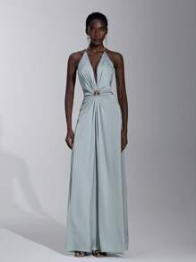 SHEIN Belle Robe élégante, romantique, sexy, minimaliste, en satin vert menthe, dos nu, boucle métallique, taille ajustée, stylée, pour festival, vacances, fête d'anniversaire, mariage, demoiselle d'honneur - Bleu canard - Voir 8