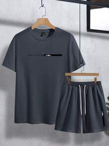 Manfinity Homme Herren Alltagsoutfit mit Rundhals Kurzarm T-Shirt und Shorts mit Kordelzug, Sommer Herren 2-teiliges Outfit - Grau - Übersicht 3
