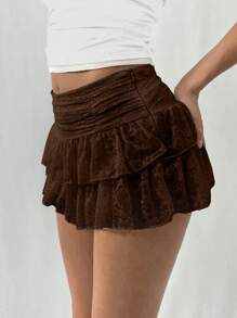 EgrlEra Women's Fashionable Sweet Solid Color Double-Layered Lace White Mini A-Line Skirt Y2K  - Brown - View 3