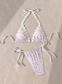Swim Mod Women's New Style Ditsy Floral Halter Backless Top And Side String Tie Bikini Swimwear Set For Summer Beach Vacation - Multicolor - View 5