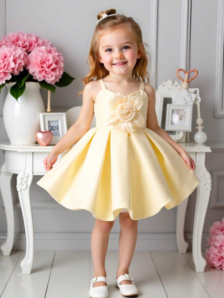 SHEIN Glamorique Kids Vestido de Festa Amarelo Menina Jovem, Elegante e de Uso Formal para Festas, Eventos, Adequado para o Verão - Amarelo - Visão 1