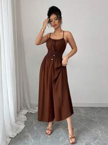 Elenzga Mono informal de lino de color café cómodo para mujer con lazo decorativo y cintura con cordón, para primavera/verano