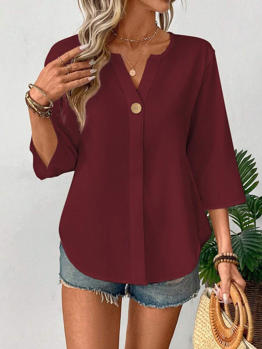 SHEIN LUNE Blouse élégante pour printemps/été avec encolure échancrée minimaliste, convenant pour le trajet domicile-travail