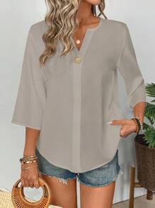 SHEIN LUNE 女士优雅翻领衬衫，简约办公室装，春夏 - 灰色 - 查看 3