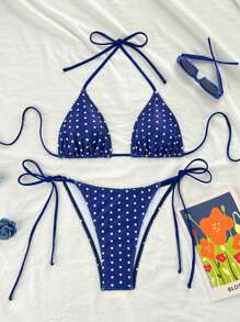 Swim Mod 2026 Spring/Summer Women's Polka Dot Print Halter Neck Tie Side Bikini Two Pieces Swimsuit