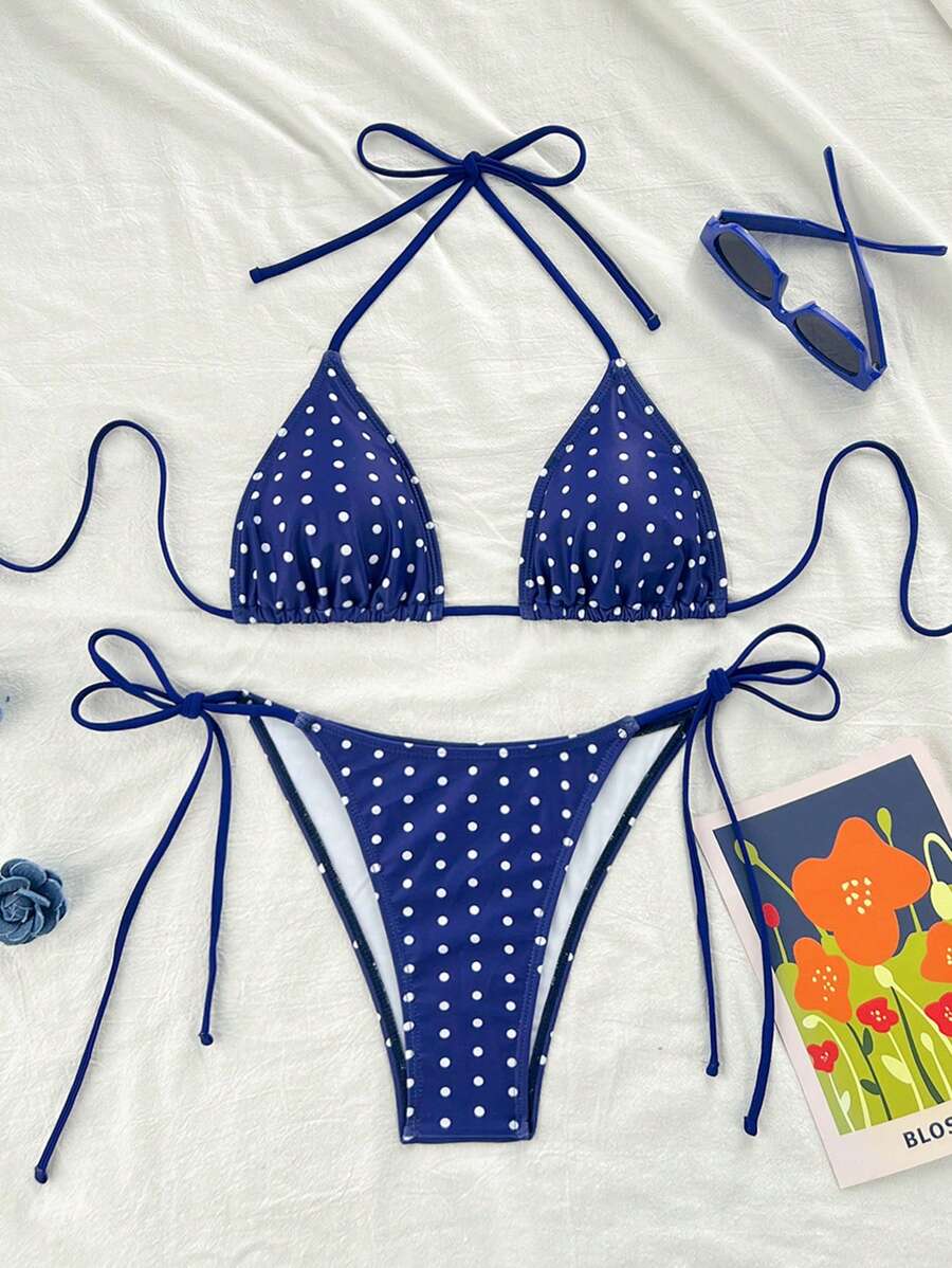 Swim Mod 2026 Spring/Summer Women's Polka Dot Print Halter Neck Tie Side Bikini Two Pieces Swimsuit