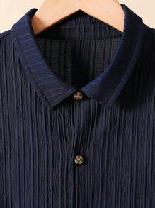 Conjunto de 2 piezas para adolescente: Camisa de botones de manga corta de unicolor y shorts - Azul Marino - Ver 4