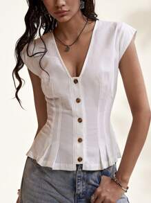 Easelle Summer Boho Vacation Linen White Woven Single-Breasted Western Graduation Waistcoat - White - View 9