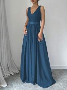 Elenzga Sleeveless V-Neck Cinched Waist A-Line Elegant & Romantic Party Dress For Women Maxi Women Outfit - Teal Blue - View 5