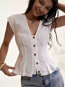 Easelle Summer Boho Vacation Linen White Woven Single-Breasted Western Graduation Waistcoat - White - View 2