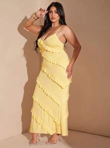 SHEIN BAE Damen Große Größen gelbes Rüschen V-Ausschnitt Träger Maxikleid, Strandparty/Geburtstagsparty/Abendausgang elegantes und sexy Kleid, Frühling/Sommer, Abschlusskleid, Strandoutfit für Frauen, 4. Juli Outfit, Inselurlaub Outfit, Flitterwochen Outfit Frau, Sommeroutfit für Frauen, Sommerkleider für Frauen, Pool Party Outfit, Urlaubsoutfit Frau, Damenkleidung in Große Größen, Konzert, buttergelbes Kleid