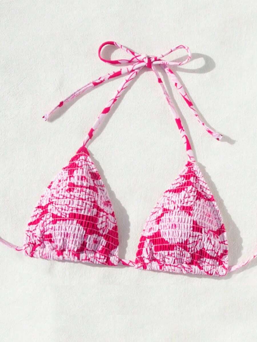 Swim Mod Floral Print Halter Knotted Bikini Top For Summer Beach Vacation - Multicolor - View 1