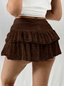 EgrlEra Women's Fashionable Sweet Solid Color Double-Layered Lace White Mini A-Line Skirt Y2K  - Brown - View 2