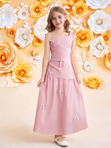 SHEIN Vestido elegante de longitud media sin mangas con decoración de lazo asimétrico para niñas preadolescentes