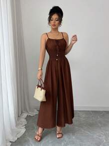 Elenzga Mono informal de lino de color café cómodo para mujer con lazo decorativo y cintura con cordón, para primavera/verano