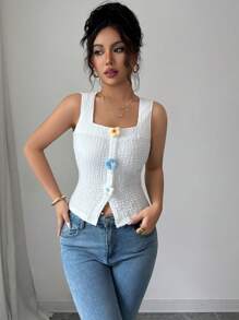 Elenzga Women's Fashion French Floral 3D Print Sleeveless Crop Top, Wide Strap Square Neck Fitted Shell - White - View 3
