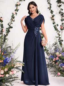 Coutiva Women's Rhinestone Embellished 3D Floral Formal Evening Dress, Suitable For Bride And Mother Of The Bride Navy Blue Elegant Dress Mother Of The Bride Dress Mother Of The Groom Dress Plus Size Formal Dress Wedding Guest Dress,Women's Fashion Casual Summer Autumn Women's Clothing Birthday Women's Clothing Prom Dress Wedding Guest Dress Curve Women's Dress Concert Back To School Print Dress, Fabric Soft Extra Stretch Women's Dress - Navy Blue - View 5