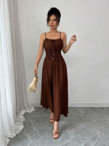 Elenzga Mono informal de lino de color café cómodo para mujer con lazo decorativo y cintura con cordón, para primavera/verano