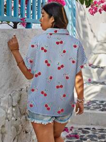 SHEIN LUNE Plus Size Loose Casual Versatile Striped Cherry Print Shirt With Folded Sleeve Cuffs