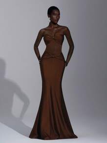 Elitara 优雅、浪漫、性感、简约棕色弹力露肩露背、紧身、打结、透视、时尚、影响者、假日、度假、生日派对、婚礼伴娘礼服