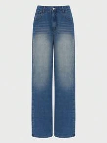 Daynim 女士休闲时尚复古水洗阔腿牛仔裤 - 中等水洗藍 - 查看 6