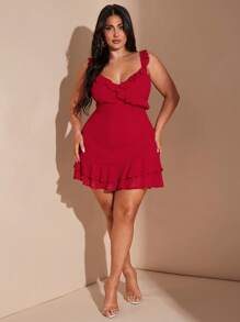 SHEIN BAE Plus Size Women's Romantic Sexy V-Neck Flounce Hem Mini Dress, Sweet Casual Everyday Wear, Beach Holiday Party Short Dress, Spring/Summer,Graduation Dress,Beach Outfits For Woman,4th Of July Outfits,Fourth Of July Outfit,Island Vacation Outfits,Honeymoon Outfits Woman,Summer Outfits For Women,Pool Party Outfit,Vacation Outfits Woman,Plus Size Women Clothes,Concert,Elegant Dress,Birthday Dresses For Women,Sun Dresses For Women