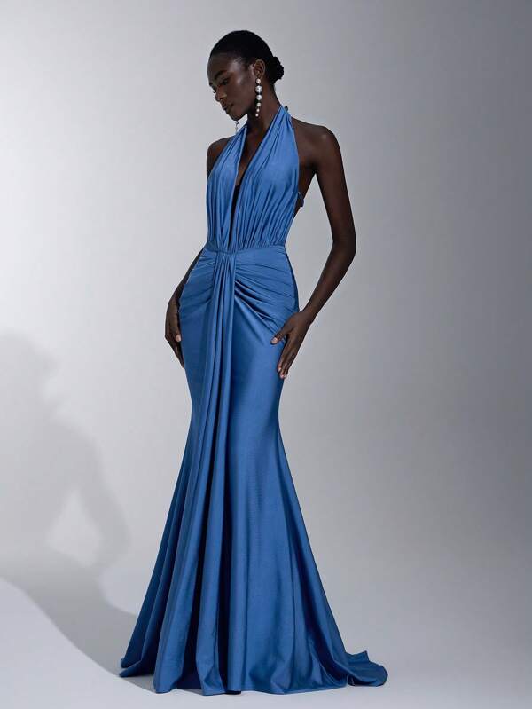 Elitara Vestido elegante, romántico, sexy y minimalista en color azul con escote halter, espalda descubierta, cintura ceñida, detalles florales 3D, bajo cola de pez, ideal para ocasiones como fiestas, vacaciones, cumpleaños, eventos de boda, dama de honor