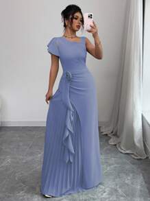 Elenzga 女士不对称肩部荷叶边泡泡袖系腰A字形花卉优雅浪漫连衣裙