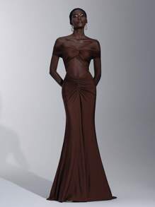 Elitara 优雅、浪漫、性感、简约、棕色、有弹性、露肩、露背、露肩、收腰、系结、透视、时尚、节日、度假、生日派对、婚礼、伴娘礼服 - 棕色 - 查看 6