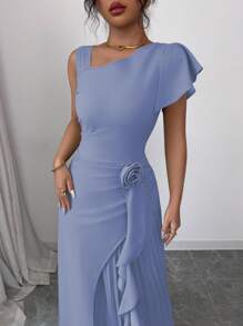 Elenzga 女士不对称肩部荷叶边泡泡袖系腰A字形花卉优雅浪漫连衣裙