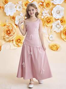 SHEIN Vestido elegante de longitud media sin mangas con decoración de lazo asimétrico para niñas preadolescentes