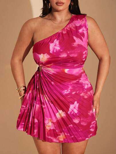SHEIN BAE Vestido casual elegante de verano para mujer de talla grande con cintura hueca y lazo, vestido ajustado para playa y vacaciones, vestido con múltiples pliegues asimétricos para graduación, vacaciones, 4 de julio, luna de miel, fiestas de piscina y talla grande