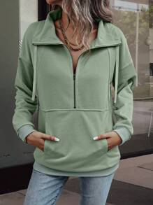 SHEIN LUNE Half-Zip Drawstring Drop Shoulder Sweatshirt,Ladies Late Fall Casual Pocket,Rib-Knit,Zipper Long Sleeve Collar Regular Fit Regular Mint Green Drop Shoulder Half Placket Women Hoodies,Long Sleeve Tops Graduation,Back To School Outfits,Graduation,Teacher Outfits For Women,Back To School Pullover - Mint Green - View 3