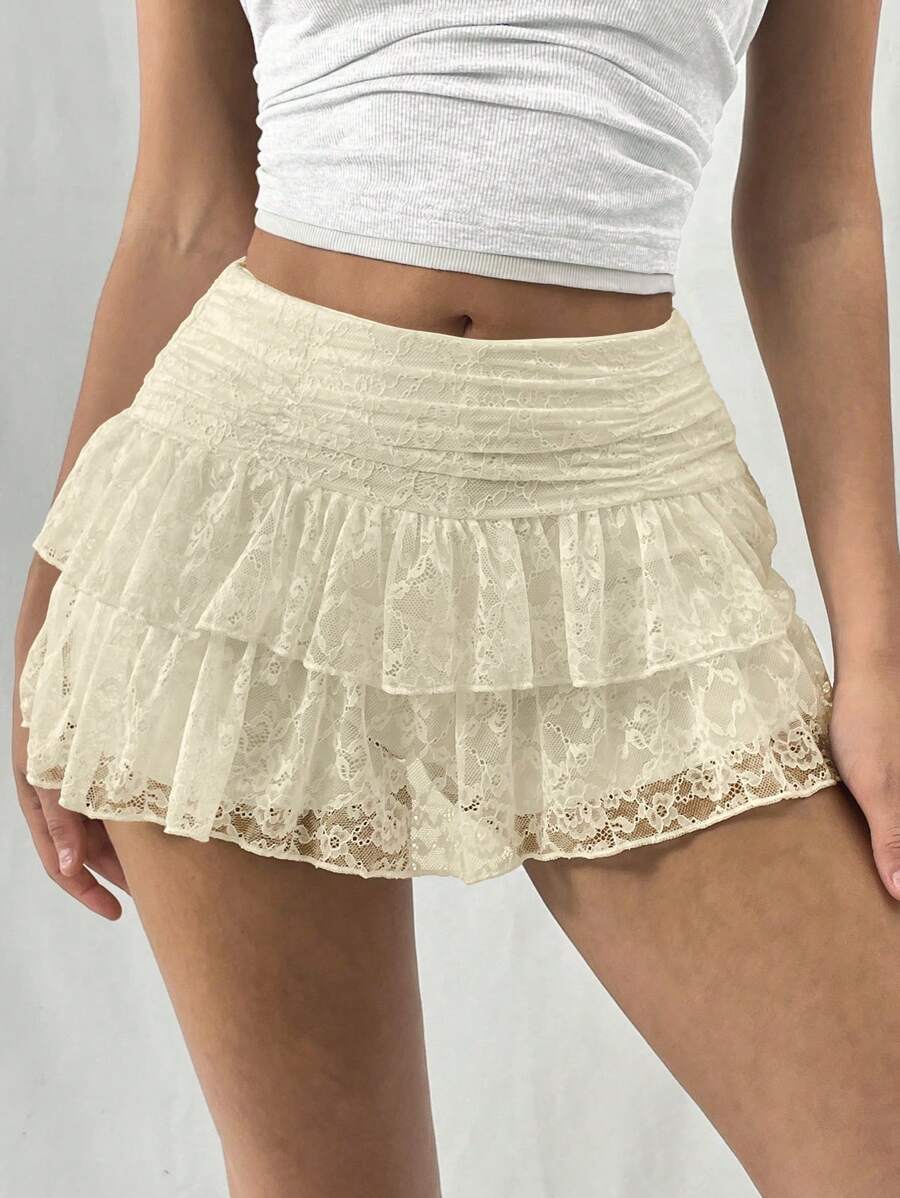 EgrlEra Falda mini A-line blanca de unicolor con doble capa de encaje, estilo Y2K para mujer - Albaricoque - Ver 1