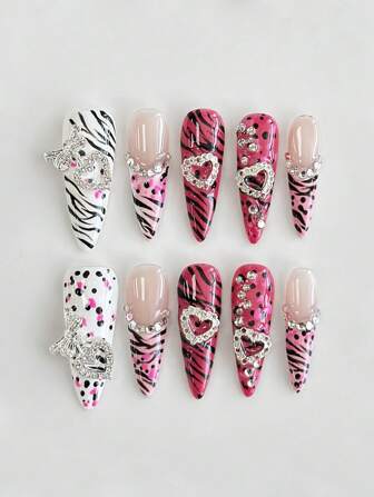 J-Fashion 10pcs High-Quality Handpainted False Nails With Heart, Bow, Tiger Print Elements In Sexy Vixen Style + 3pcs Double-Sided Adhesive Stickers, Reusable Y2K Rhinestone Nail Art Stickers Suitable For Festivals, Parties, Dancing And Daily Wear