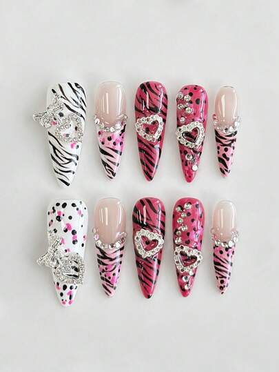 J-Fashion 10pcs High-Quality Handpainted False Nails With Heart, Bow, Tiger Print Elements In Sexy Vixen Style + 3pcs Double-Sided Adhesive Stickers, Reusable Y2K Rhinestone Nail Art Stickers Suitable For Festivals, Parties, Dancing And Daily Wear