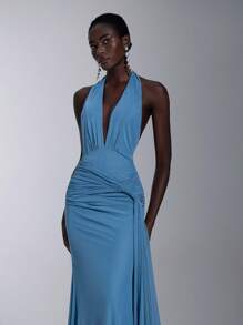 Elitara Vestido elegante, romántico, sexy, minimalista, azul, elástico, de cuello halter, espalda descubierta, ajustado, con nudo, transparente, de moda, de influencer, para festival, vacaciones, fiesta de cumpleaños, boda, dama de honor