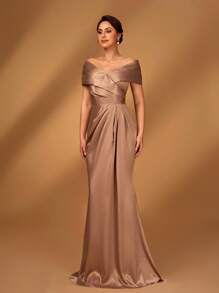 Serin Elegant Brown Satin Off-Shoulder Criss-Cross Ruffled Mini Fishtail Dress, Suitable For Evening Parties, Music Festivals, Vacations, Weddings, Bridal Mother Dresses - Champagne - View 6