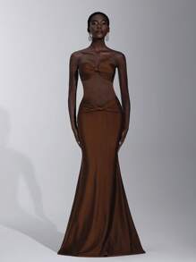 Elitara 优雅、浪漫、性感、简约棕色弹力露肩露背、紧身、打结、透视、时尚、影响者、假日、度假、生日派对、婚礼伴娘礼服