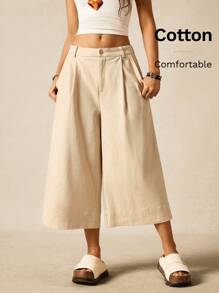 Easelle Summer Renaissance Cotton Fair Vintage Bohemia Women's Light Khaki Woven 3/4 Suit Wide Leg Pants Bermuda Capris For Women - Khaki - View 2