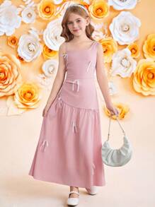 SHEIN Vestido elegante de longitud media sin mangas con decoración de lazo asimétrico para niñas preadolescentes
