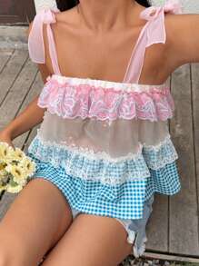 SHEIN Unity Pink Plaid Lace Panel Knotted Cami Top - Multicolor - View 3