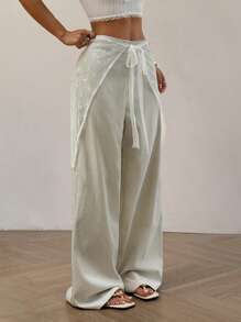 Flirla Women's Casual Daily Contrast Lace Loose Pants Fall Cloth For Women - Green - View 7